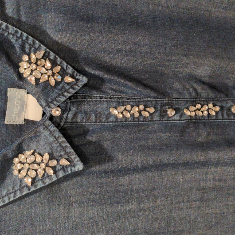 Chicos Denim/Tencel Rhinestone Blouse Size 3